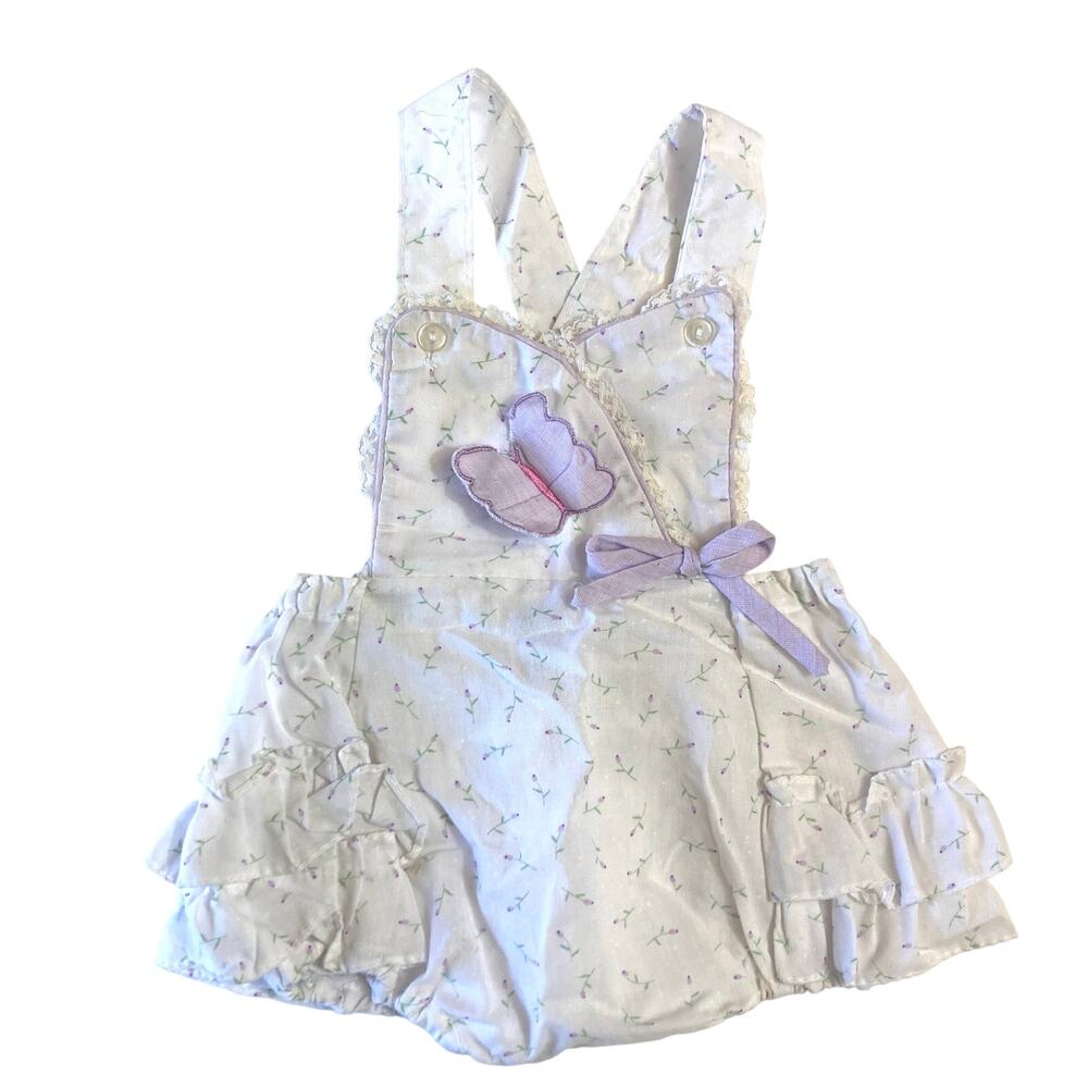 Vintage 80’s 90’s White Floral Butterfly Pastel Ruffle Bubble Overall Romper
